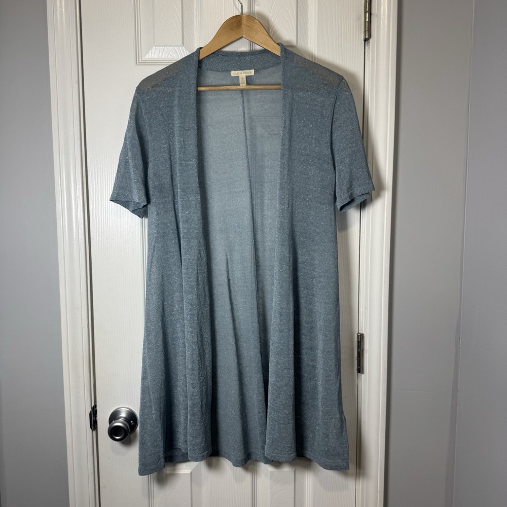 Eileen Fisher Blue Steel Short Sleeve Cardigan- Shimmery/Sheer- Size Medium